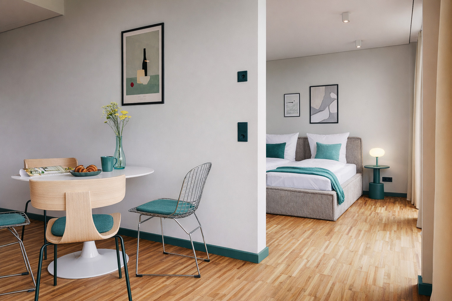 Modern eingerichtete Ferienwohnung in Würzburg mit Doppelbett und Wohnbereich