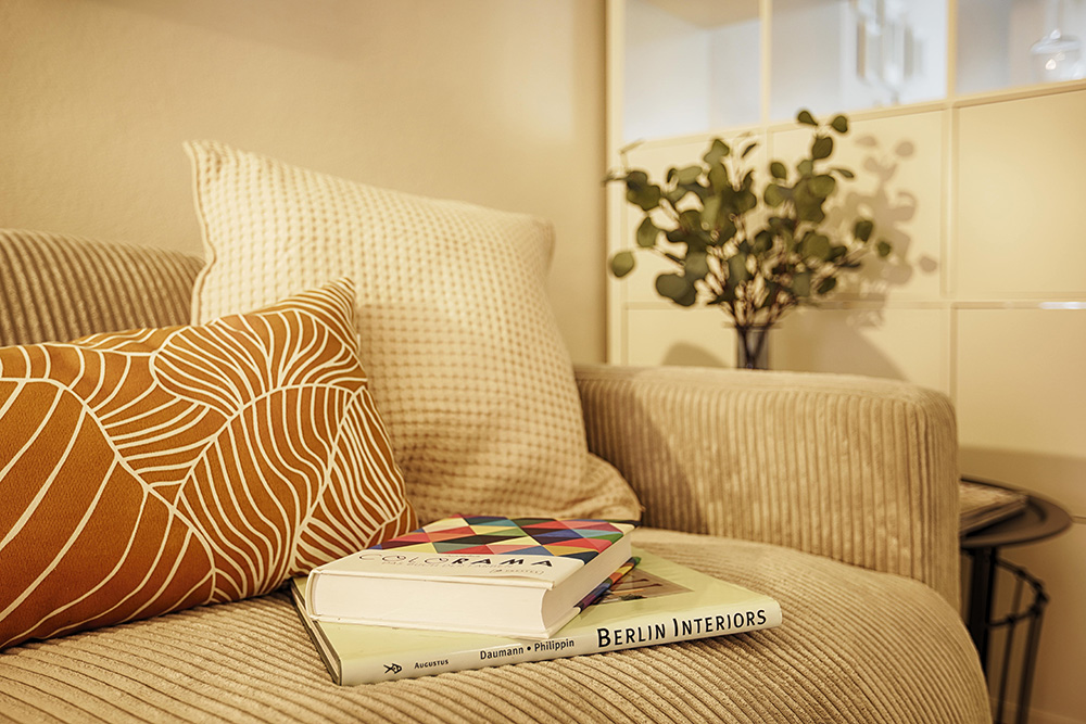 Wohnzimmer in einem Apartment in Würzburg mit Sofa und Kissen