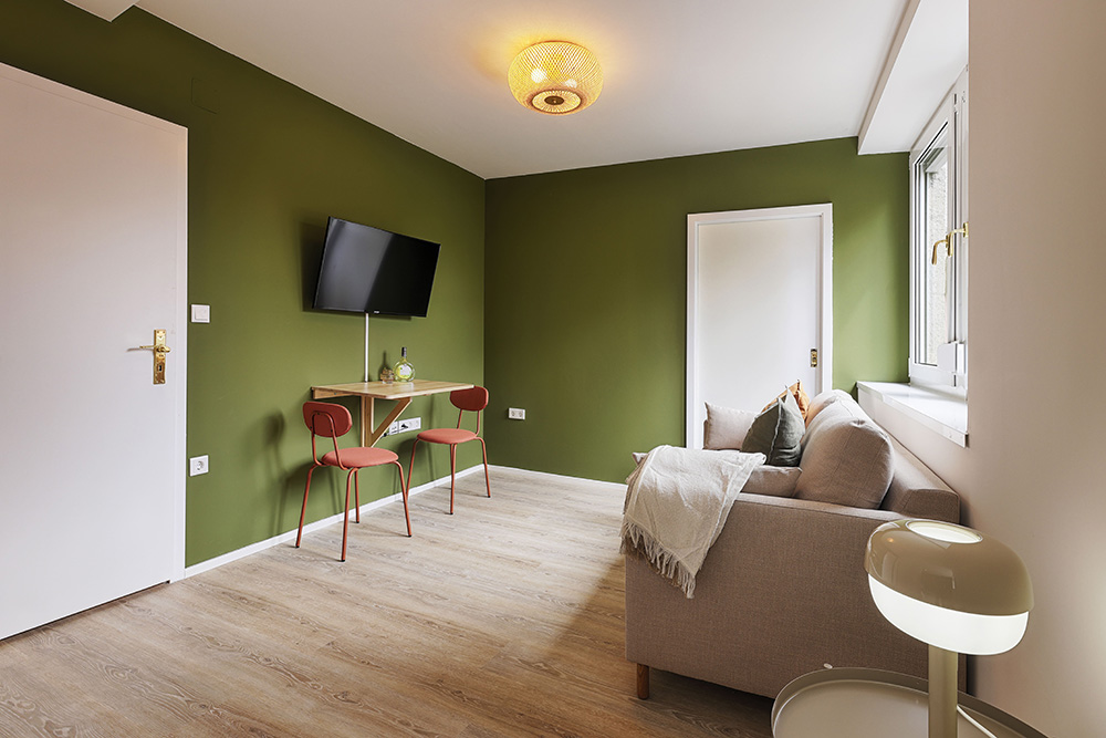 Apartment Würzburg Wohnzimmer grüne Wand Wohnzimmer in einem Apartment in Würzburg mit grüner Wand und Sofa